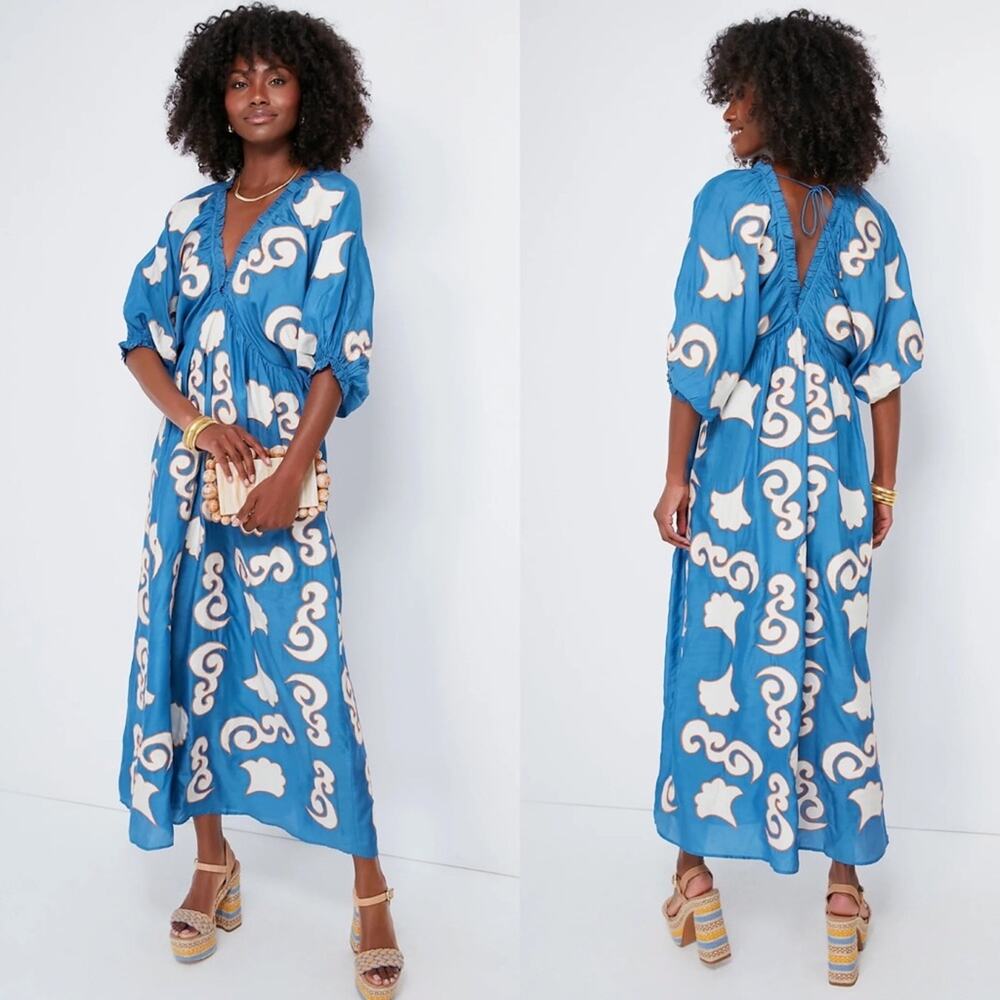 NWT CHUFY Gagan Sky Lucia Patch Embroidered Maxi Dress Size Large - Picture 1 of 12